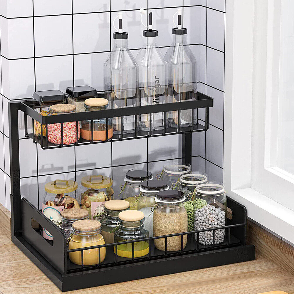 2 Tier Black Under Sink Pull-out Drawer Storage Shelf Organizer kitchen bathroom