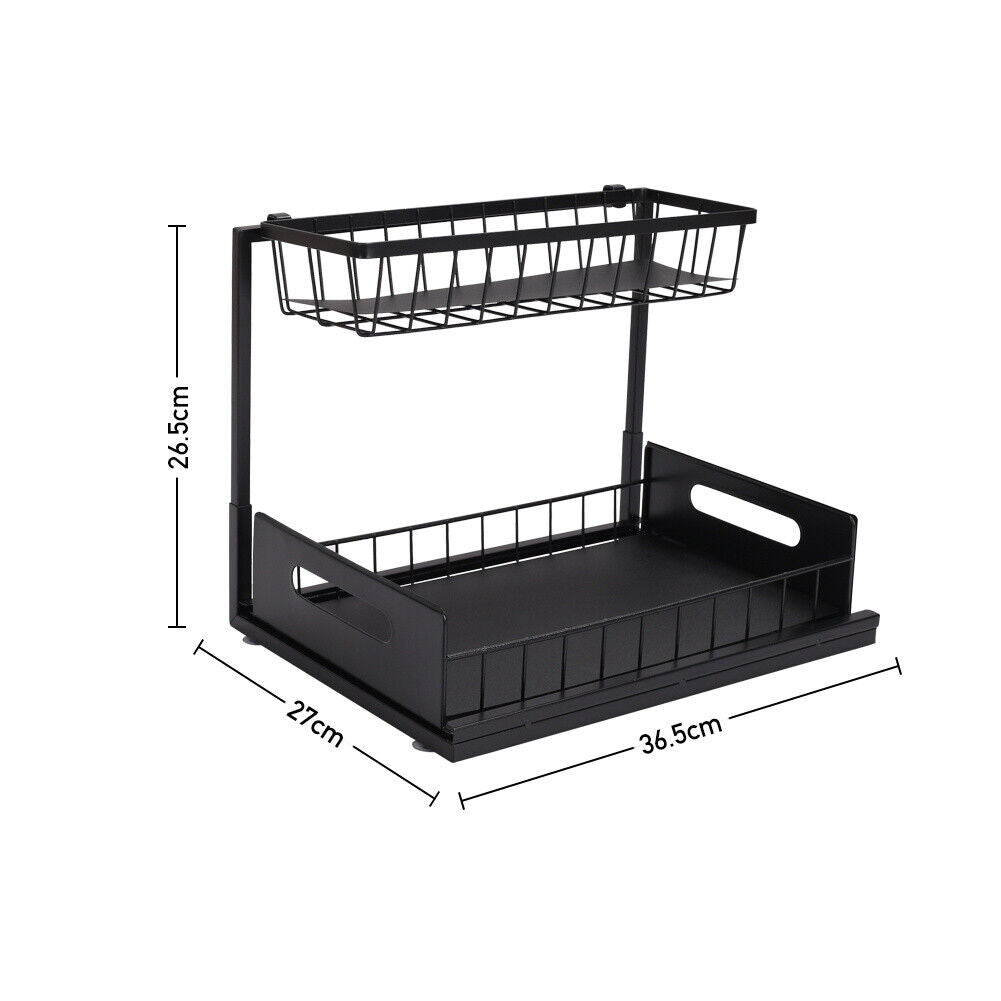 2 Tier Black Under Sink Pull-out Drawer Storage Shelf Organizer kitchen bathroom