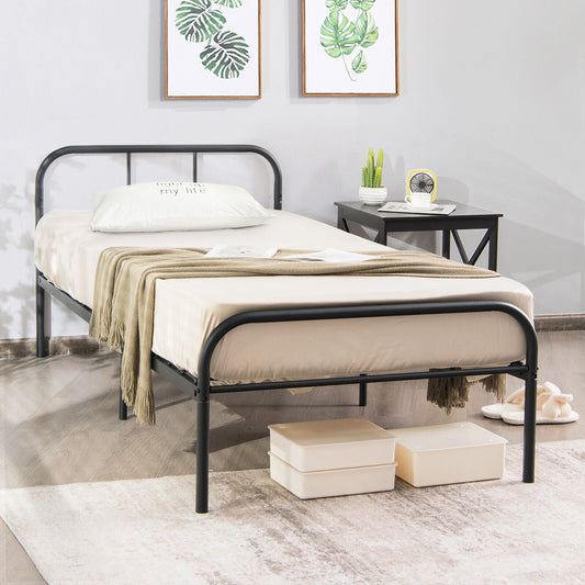 3FT Single Metal Bed Frame Heavy-duty Slatted Platform Bed with Curved Headboard