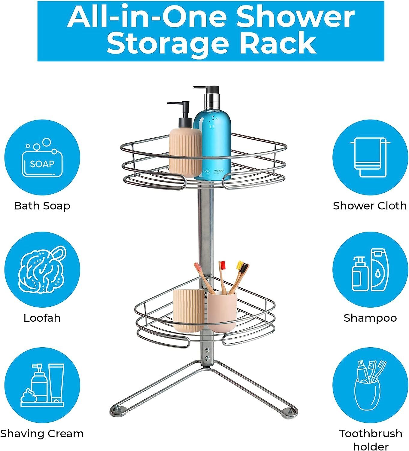 Non Rust Bathroom Corner Shelf Telescopic Storage 2 Layer Shower Caddy Organiser