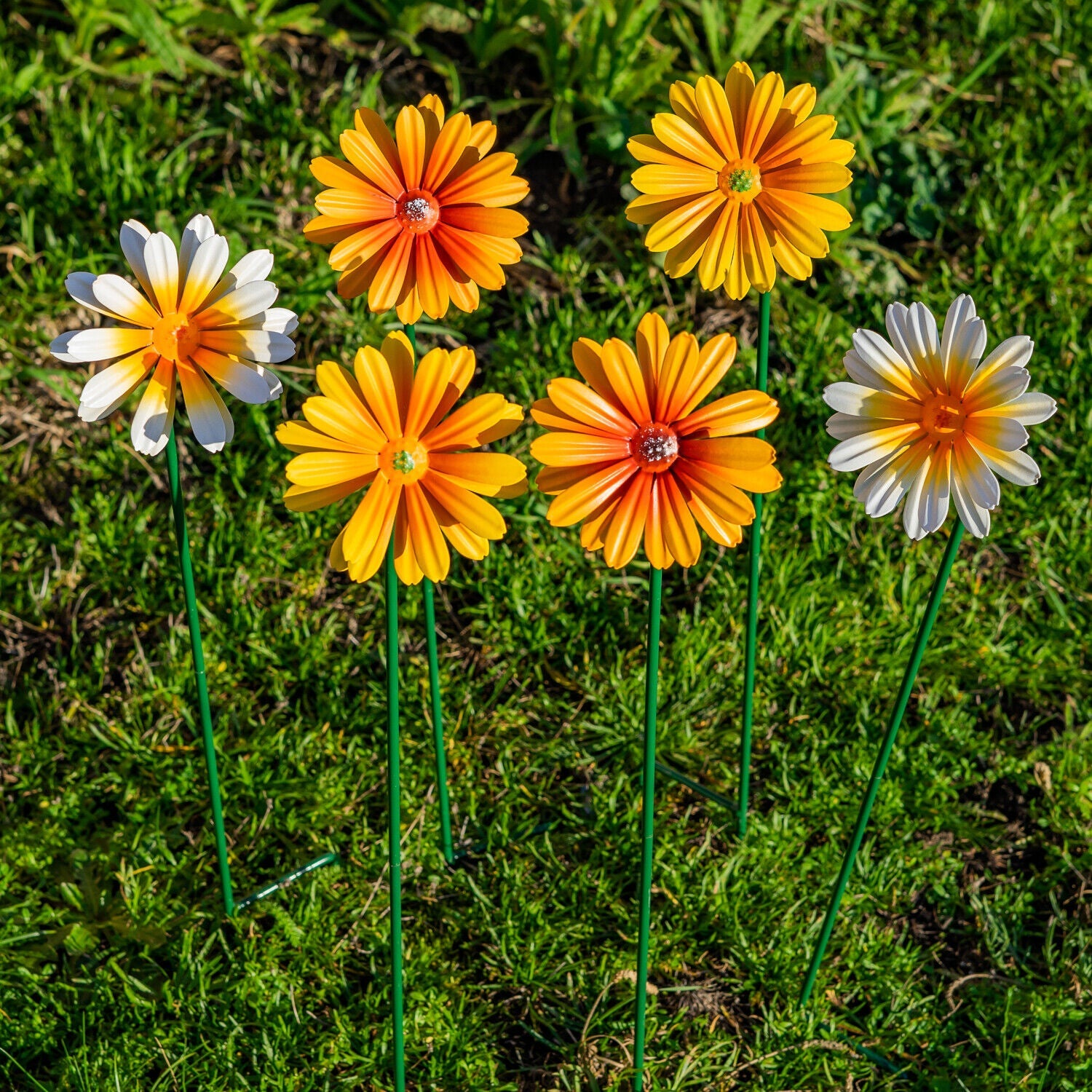 Woodside Yellow & Orange Ornamental Metal Garden Daisy Flower Stakes, Pack of 6