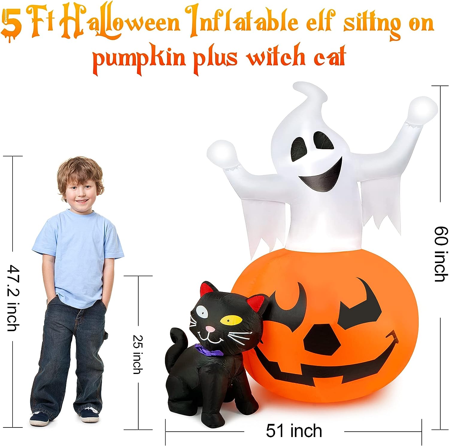 5 FT Halloween Inflatables Spooky Pumpkin and Witch' s Black Cat Combo Inflatable Decor, Halloween Blow Up Yard Decorations Clearance with Build-in LED Lights, Halloween Yard Decorations