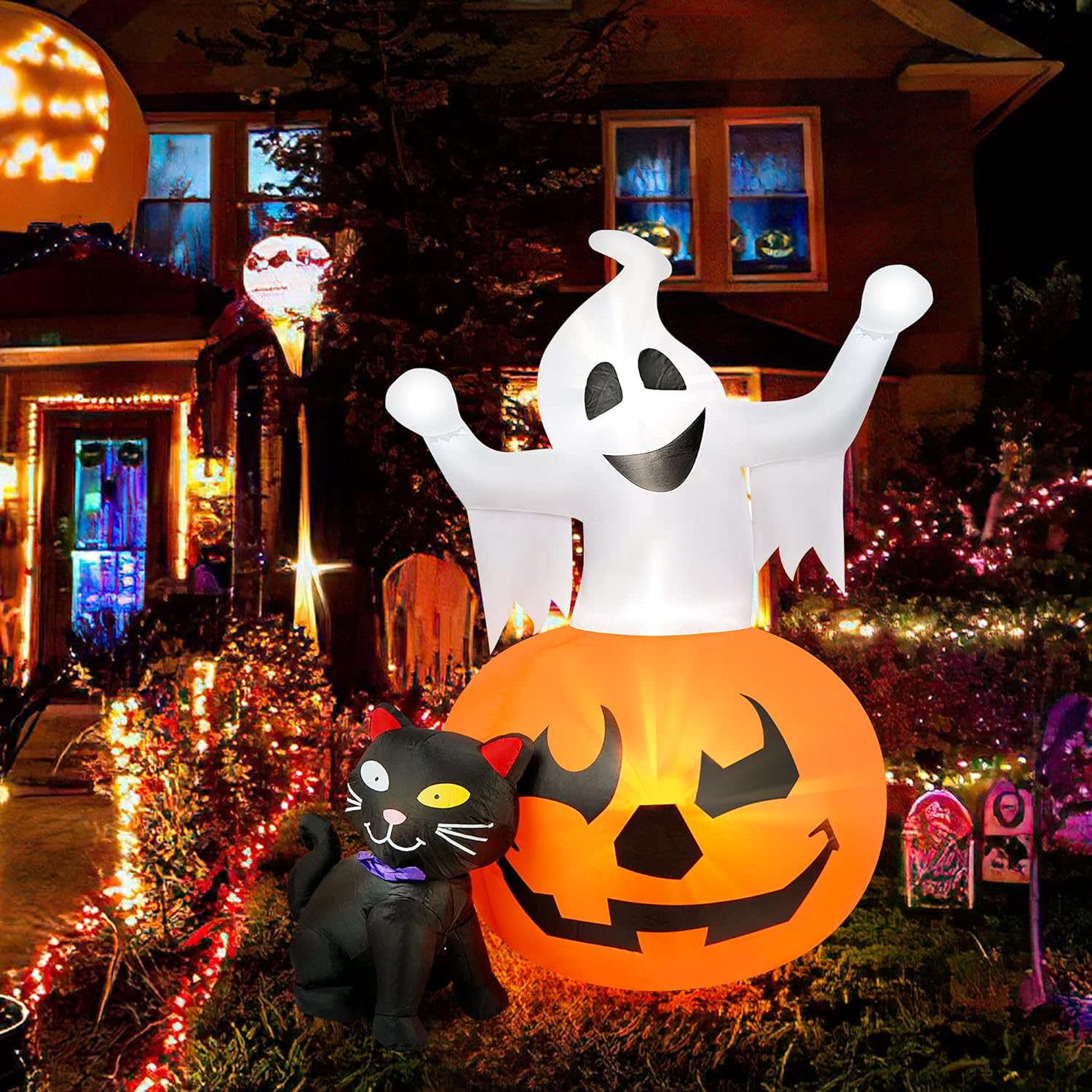 5 FT Halloween Inflatables Spooky Pumpkin and Witch' s Black Cat Combo Inflatable Decor, Halloween Blow Up Yard Decorations Clearance with Build-in LED Lights, Halloween Yard Decorations