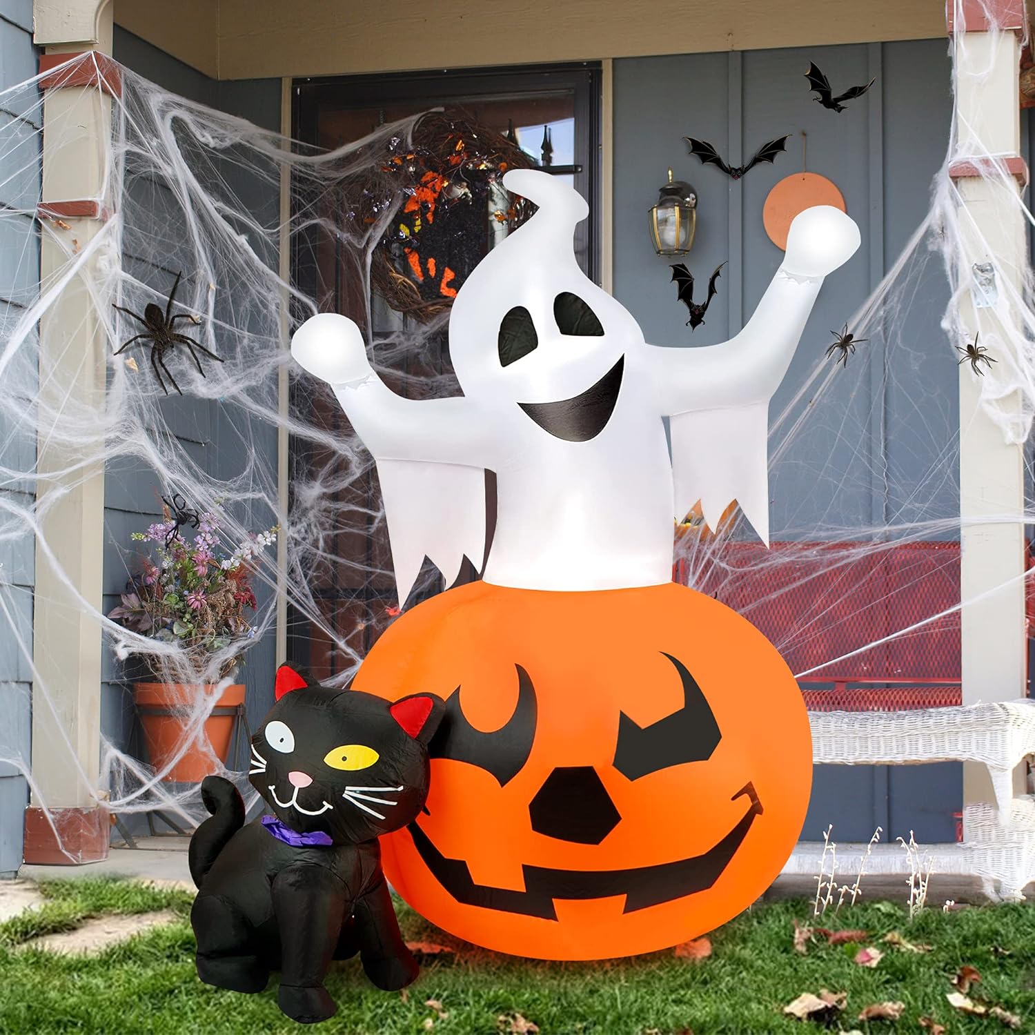 5 FT Halloween Inflatables Spooky Pumpkin and Witch' s Black Cat Combo Inflatable Decor, Halloween Blow Up Yard Decorations Clearance with Build-in LED Lights, Halloween Yard Decorations