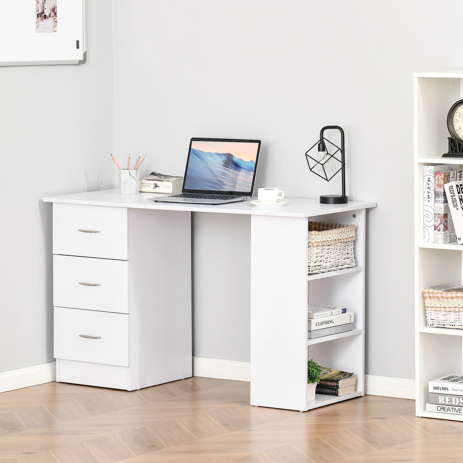 120cm Computer Desk PC Table Workstation w/ 3 Shelf & Drawers White