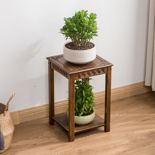 Antique 2-Tier Bamboo Plant Stand Riser Corner Side Table Living Room Furniture