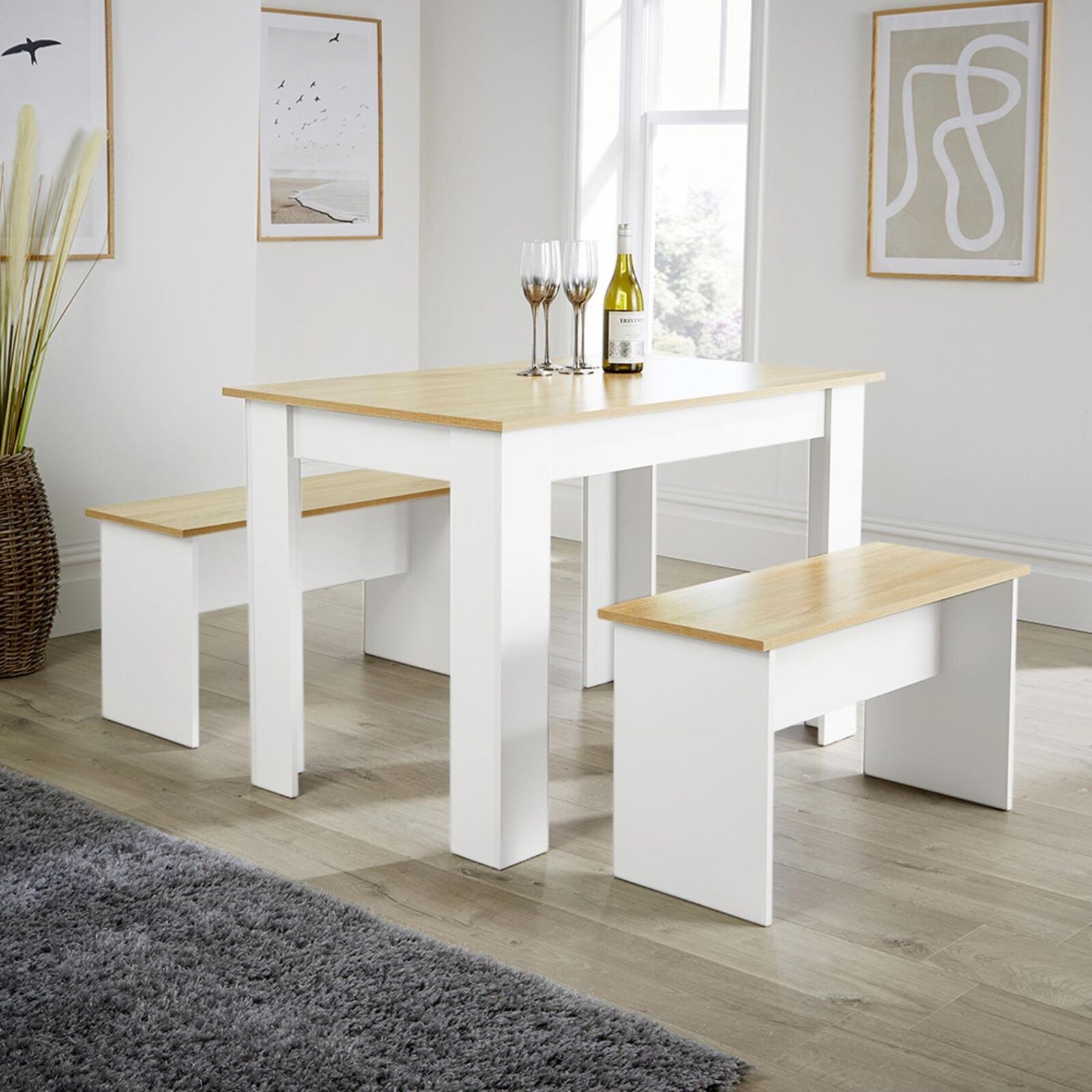 Dining Set White Table Benches Wooden Unit Kitchen Furniture Seats 4 Two Tone