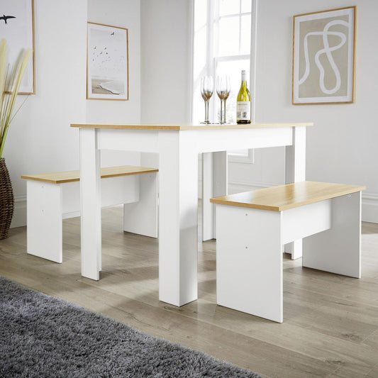 Dining Set White Table Benches Wooden Unit Kitchen Furniture Seats 4 Two Tone