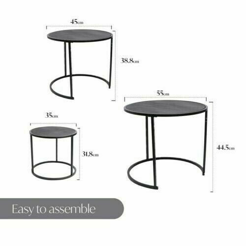 Set of 3 Black Metal Round Wood Top Nested Tables Coffee Side End NestingTable