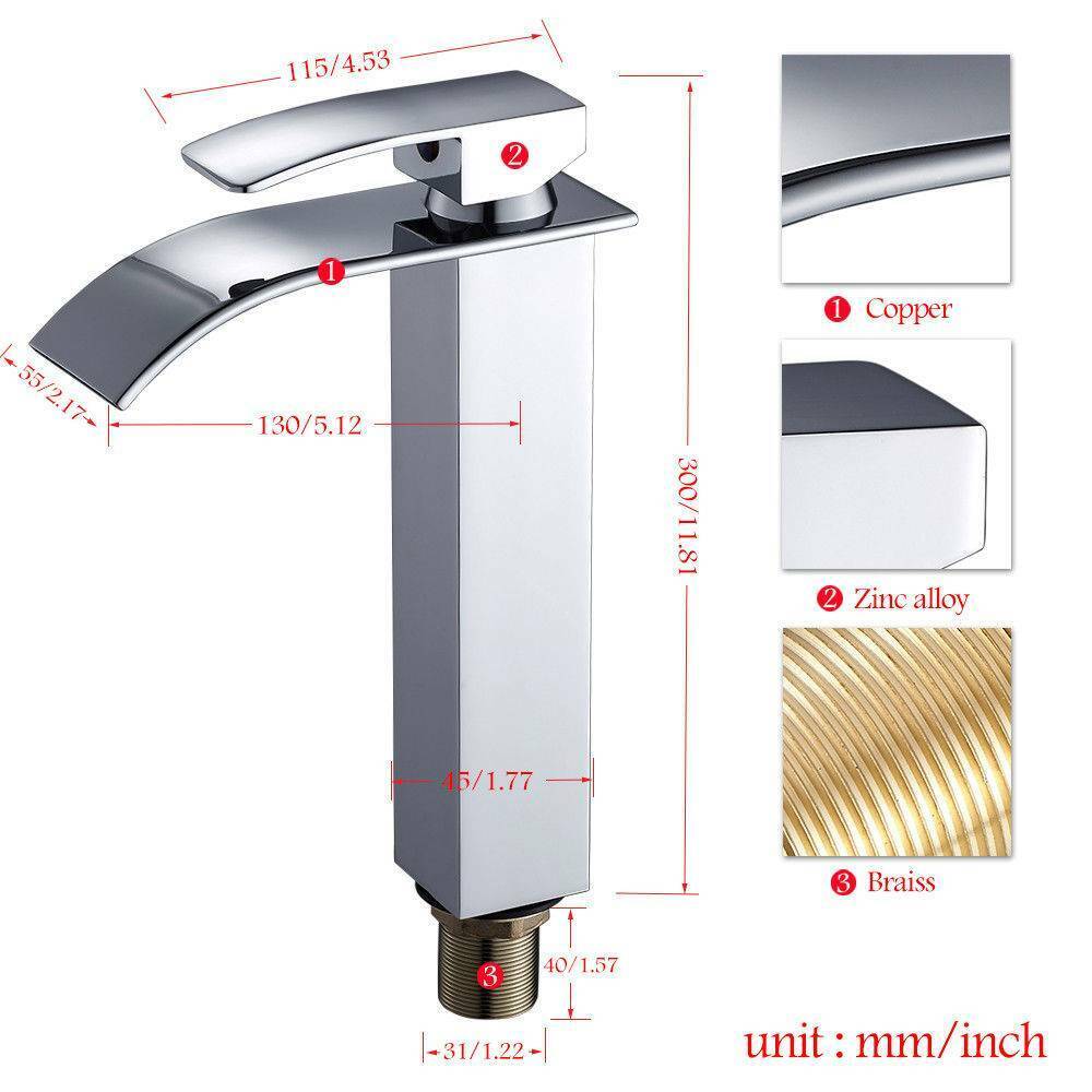 Tall Waterfall Bathroom Taps Basin Mixer Tap Counter Top Brass Faucets Chrome