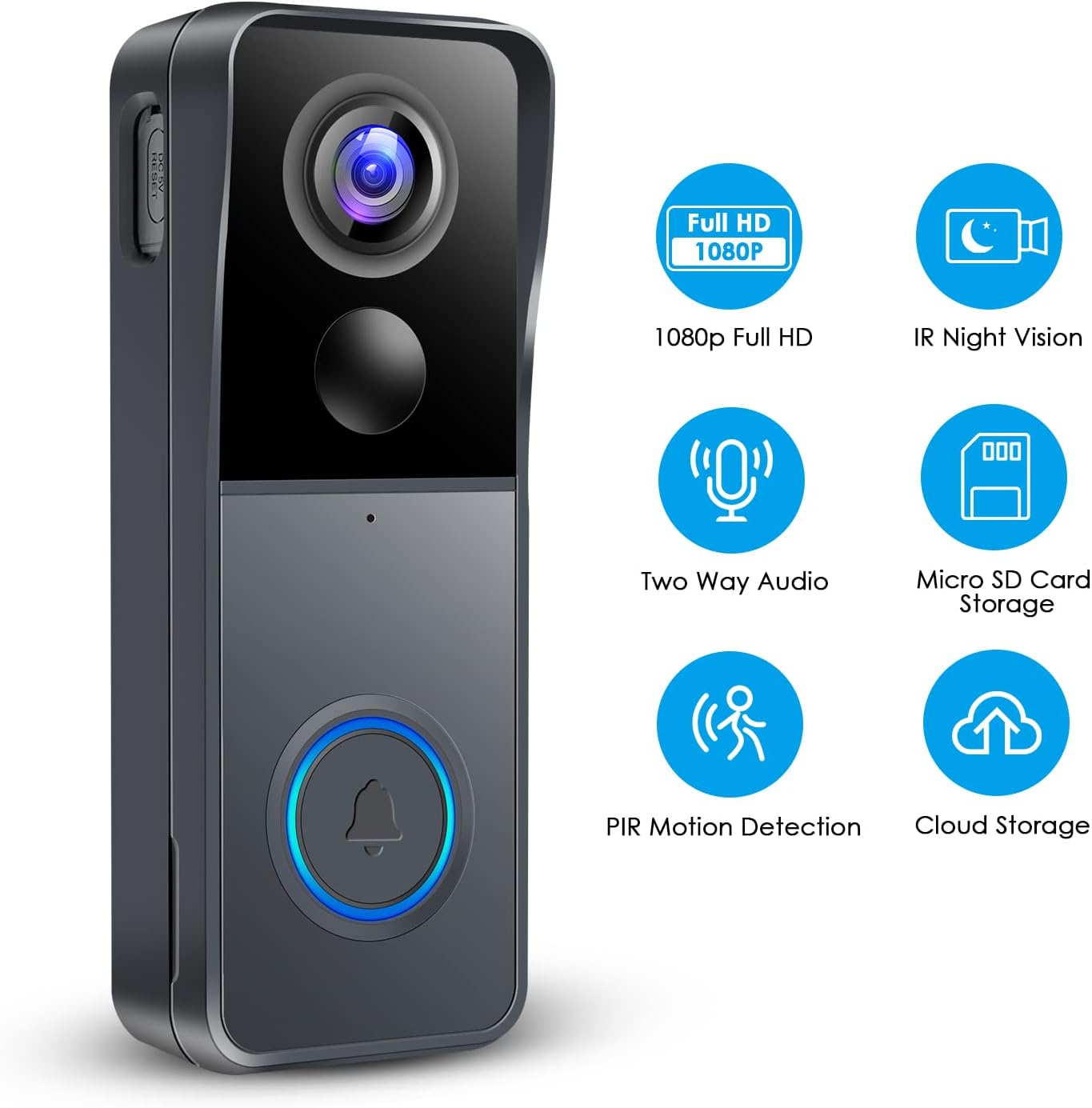 Wireless Video Doorbell Camera with Chime, Smart Video Door Bells with Camera Battery Powered, Voice Changer, PIR Motion Detection, 1080P HD, 2-Way Audio, 2.4G WiFI, Night Vision, Support SD Card