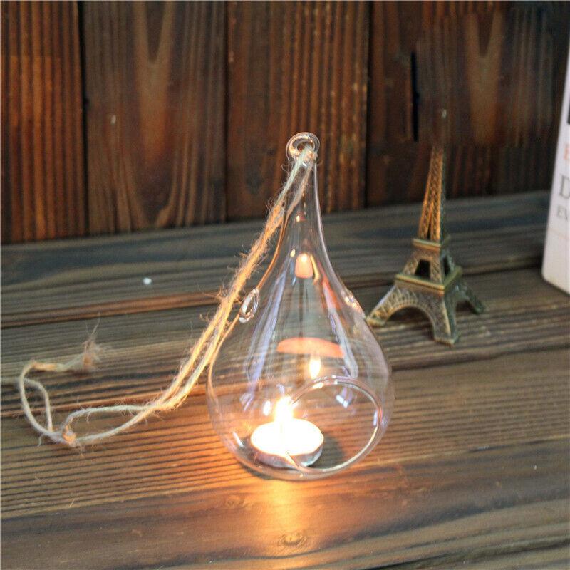 Set of 6 Glass Teardrop Baubles Tea light Candle Holders Wedding Tealight Holder