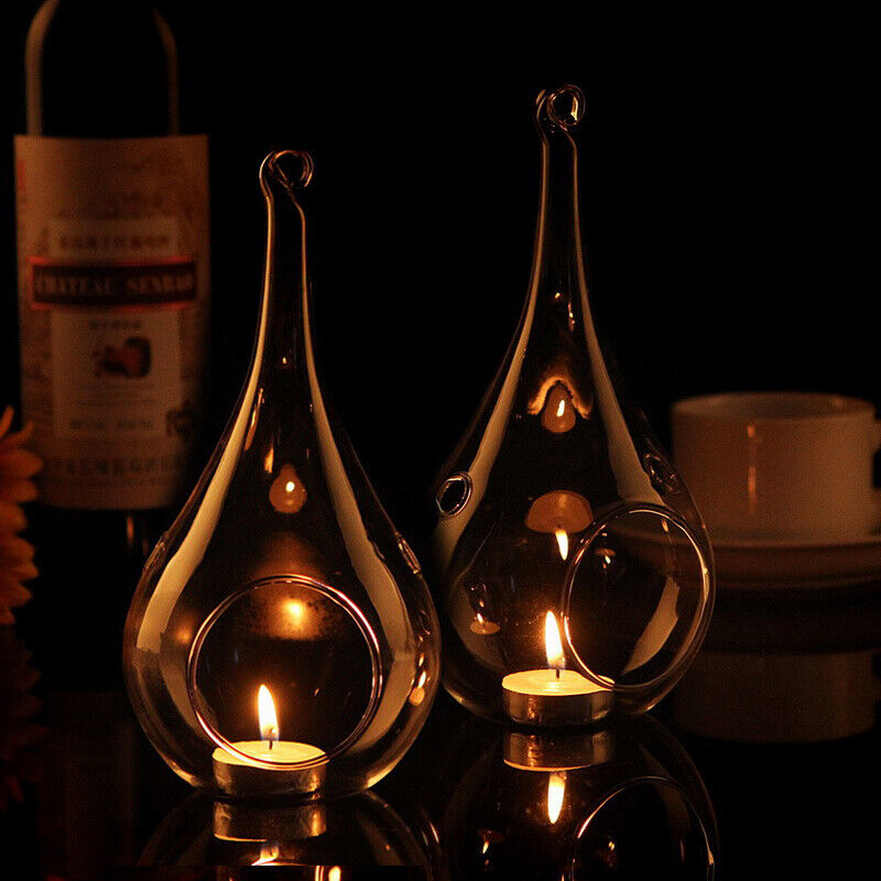 Set of 6 Glass Teardrop Baubles Tea light Candle Holders Wedding Tealight Holder