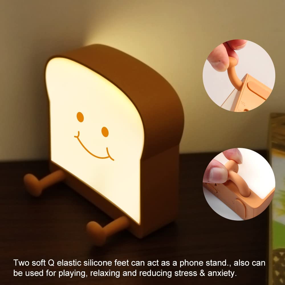 Cute Toast Night Light, Bread LED Night Lamp, Rechargeable, Timer and Dimmable, Portable Bedside Nightlight with Mobile Phone Stand