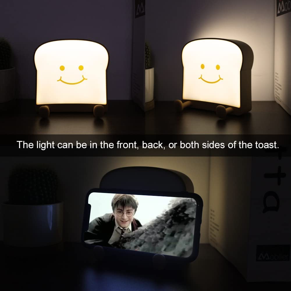 Cute Toast Night Light, Bread LED Night Lamp, Rechargeable, Timer and Dimmable, Portable Bedside Nightlight with Mobile Phone Stand