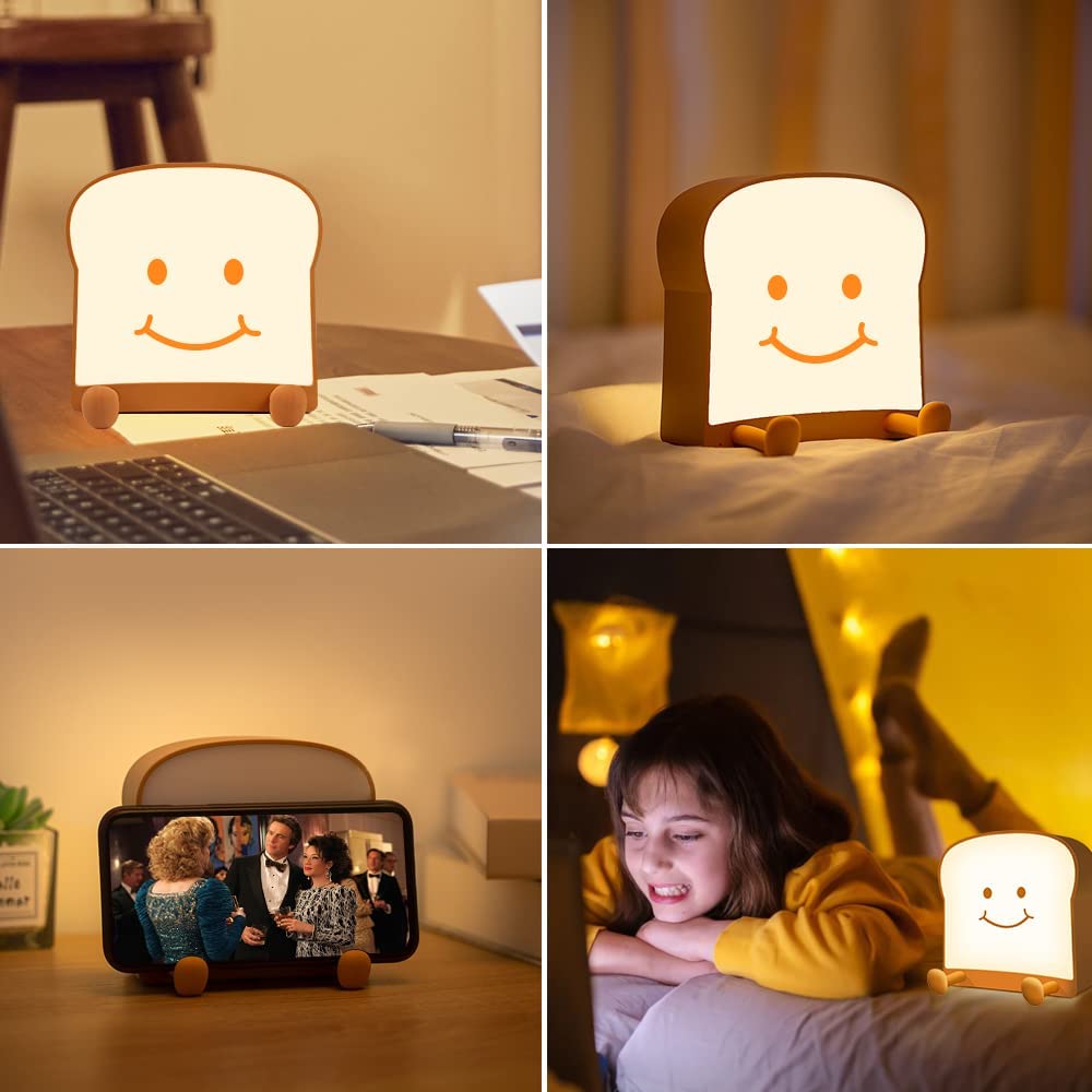 Cute Toast Night Light, Bread LED Night Lamp, Rechargeable, Timer and Dimmable, Portable Bedside Nightlight with Mobile Phone Stand