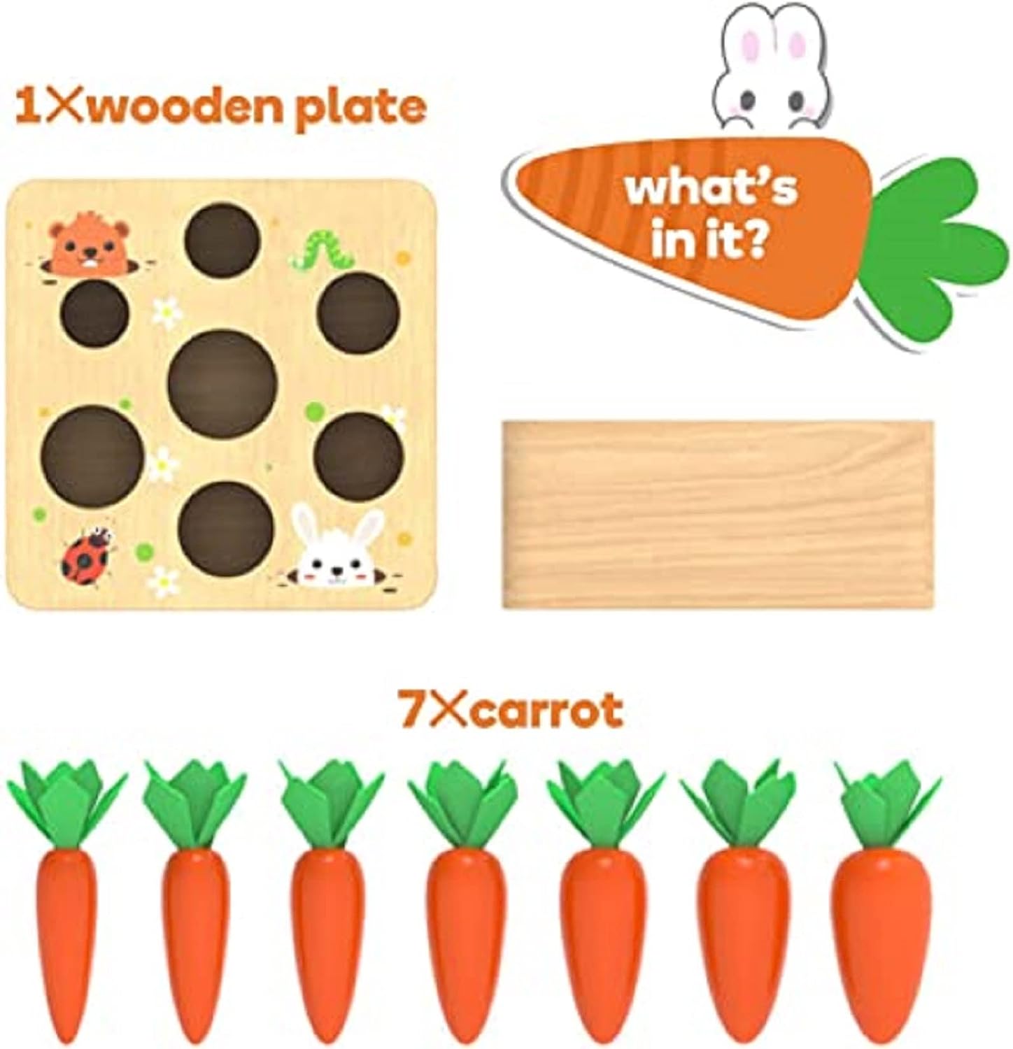 Montessori Wooden Toys for 1 2 3 Year Old Boys Girls Sorting Game, 6-12 Months Baby Carrots Harvest Wooden Puzzle, Educational Carrots Toys Motor Skills Toys, Gift for Kids First Birthday