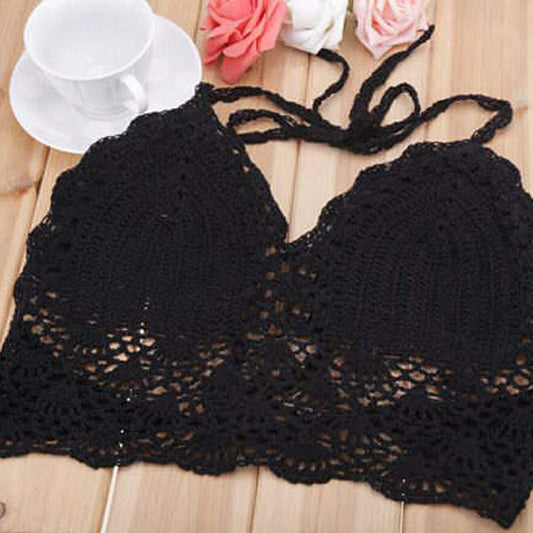 Womens Crochet Lace Bralette Knit Bikini Halter Tank Crop Top - Black