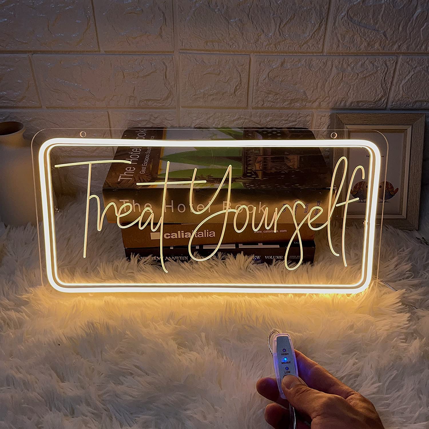 Treat Yourself Neon Sign for Wall Decor 3D Carving Art Led Light Signs for Bar Club Bedroom Room Indoor Aesthetic Room Decor Wedding Birthday Party Gifts USB Powered Warm White Sign 15.8 x 7.9 Inch