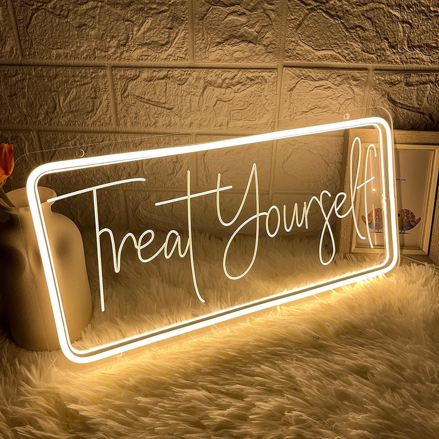 Treat Yourself Neon Sign for Wall Decor 3D Carving Art Led Light Signs for Bar Club Bedroom Room Indoor Aesthetic Room Decor Wedding Birthday Party Gifts USB Powered Warm White Sign 15.8 x 7.9 Inch