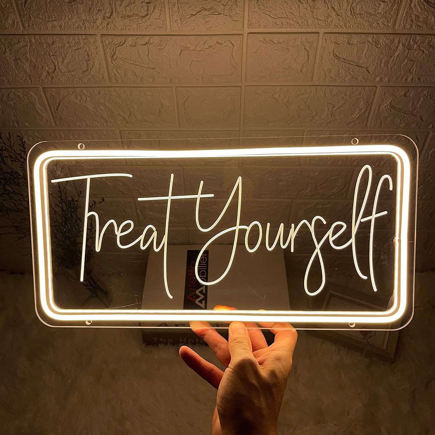 Treat Yourself Neon Sign for Wall Decor 3D Carving Art Led Light Signs for Bar Club Bedroom Room Indoor Aesthetic Room Decor Wedding Birthday Party Gifts USB Powered Warm White Sign 15.8 x 7.9 Inch