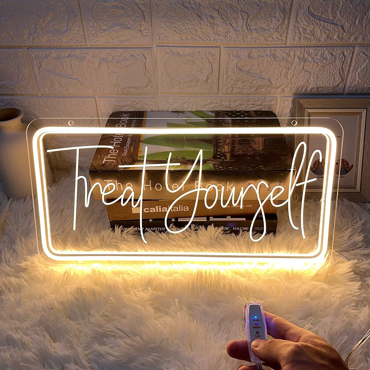 Treat Yourself Neon Sign for Wall Decor 3D Carving Art Led Light Signs for Bar Club Bedroom Room Indoor Aesthetic Room Decor Wedding Birthday Party Gifts USB Powered Warm White Sign 15.8 x 7.9 Inch