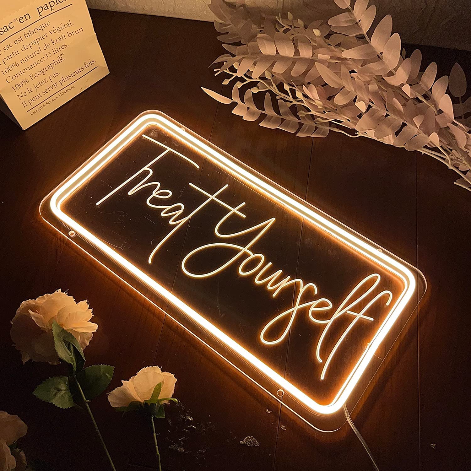 Treat Yourself Neon Sign for Wall Decor 3D Carving Art Led Light Signs for Bar Club Bedroom Room Indoor Aesthetic Room Decor Wedding Birthday Party Gifts USB Powered Warm White Sign 15.8 x 7.9 Inch