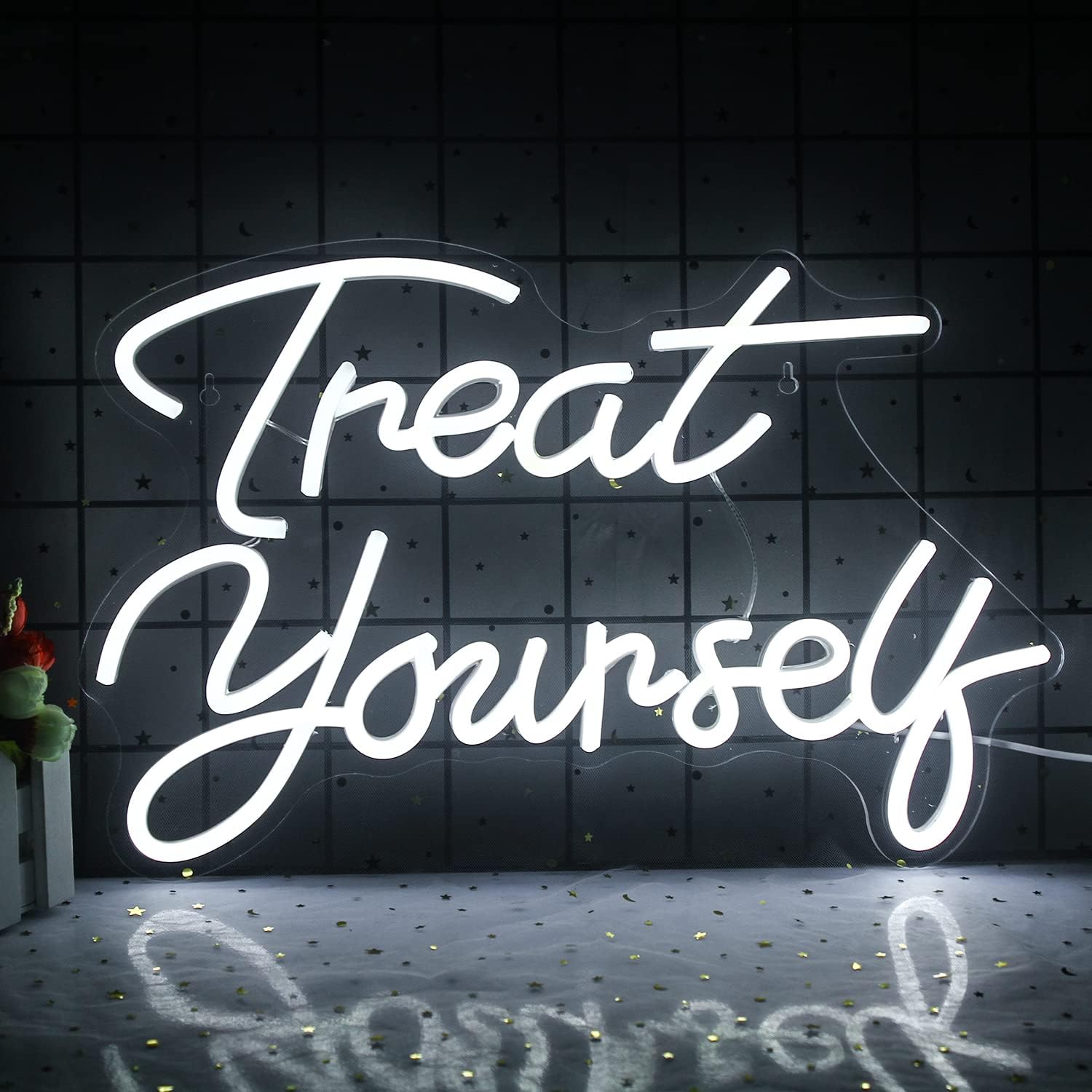 Treat Yourself Neon Signs White Led Sign for Bedroom Wall Letter Neon Lights Wedding Signs Neon Room Decor for Birthday Gift Party Home Decor Bar