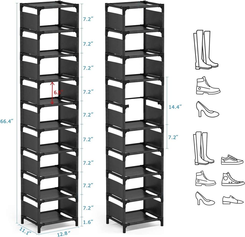 10 Tiers Small Shoe Rack, 10 Pairs Space Saving Shoe Shelf Organiser, Tall Narrow Shoe