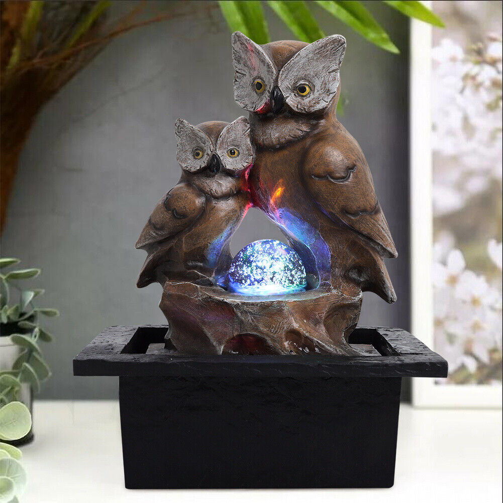 Owl Water Feature Fountain Electric LED Rotating Ball Garden Home Counter Decor