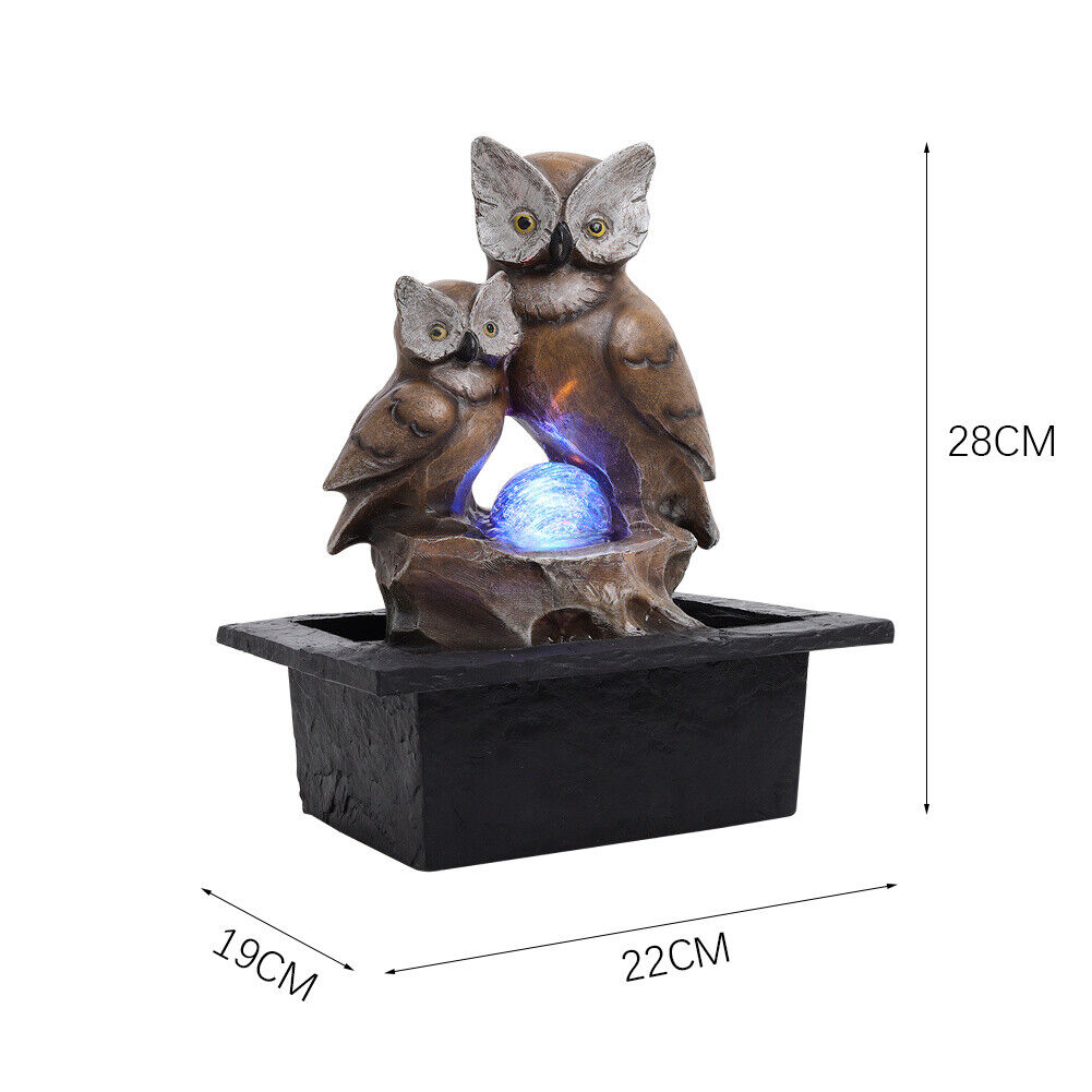 Owl Water Feature Fountain Electric LED Rotating Ball Garden Home Counter Decor