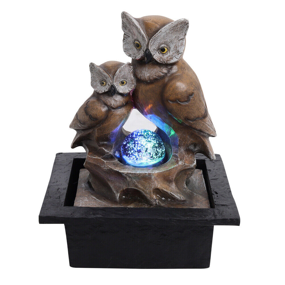 Owl Water Feature Fountain Electric LED Rotating Ball Garden Home Counter Decor