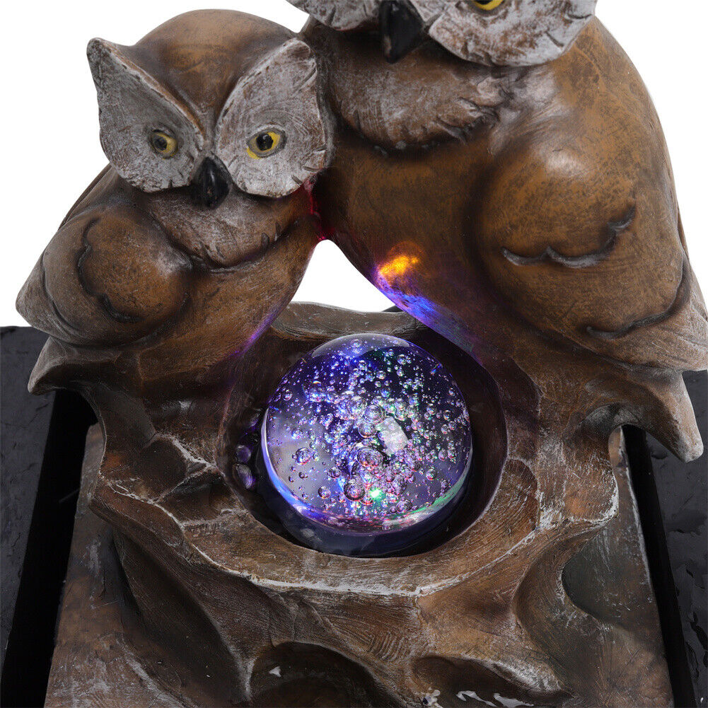 Owl Water Feature Fountain Electric LED Rotating Ball Garden Home Counter Decor