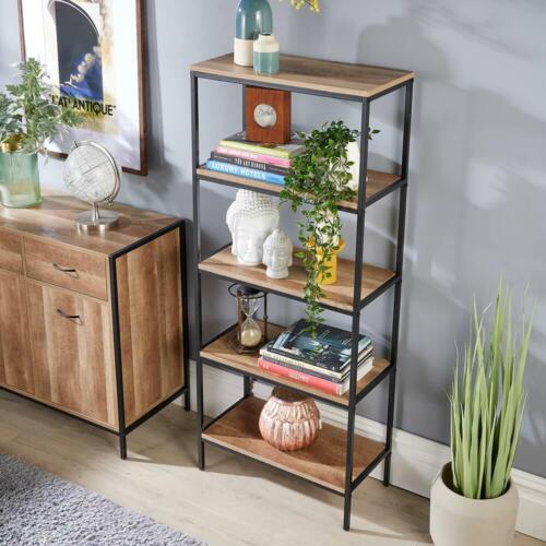 Tall Open Bookcase 5 Tier Shelving Display Unit Modern Oak Finish Black Frame