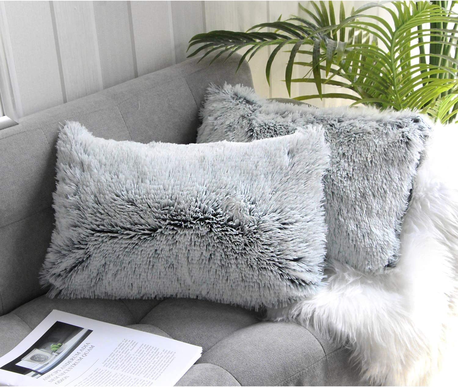 Cushion Covers 30x50, Double-sided Fluffy Plush Set of 2 Pillow Covers, Super Soft Faux Fur Throw Pillow Case, Cushion Covers 12 x 20 Inches For Sofa