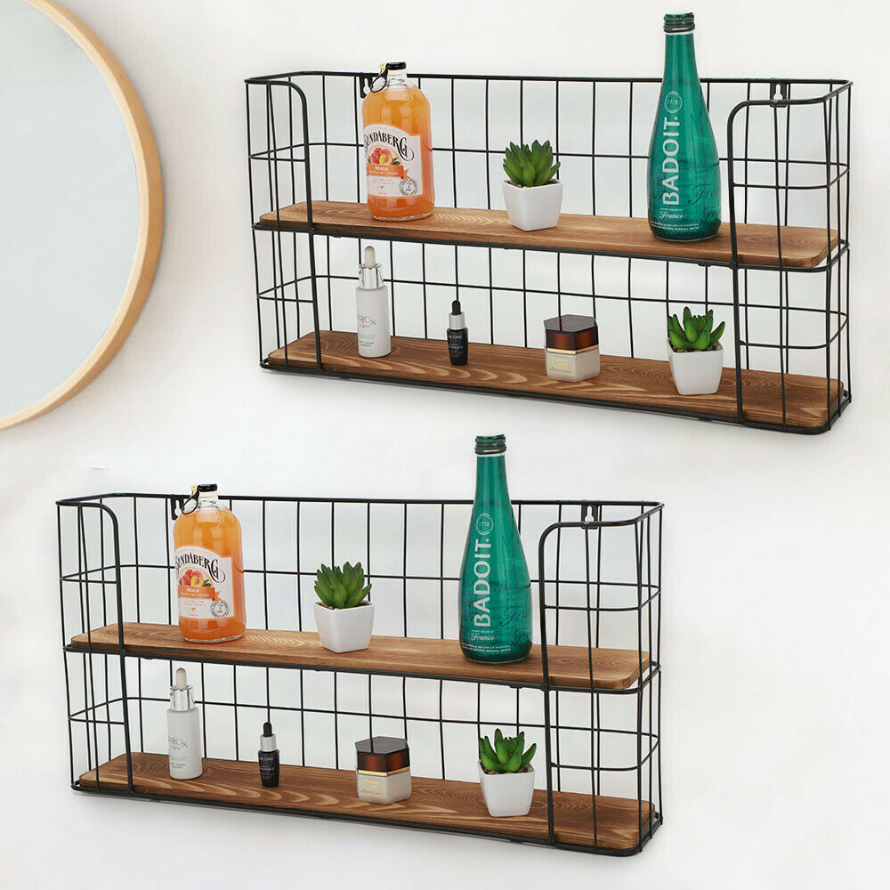 2 Tier Wall Mounted Storage Shelf Rack Metal Wire & Wood Display Shelving Unit