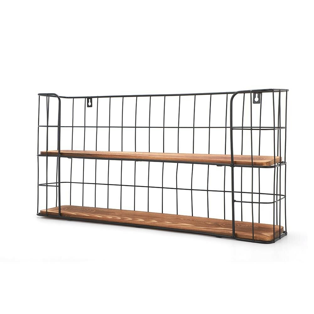 2 Tier Wall Mounted Storage Shelf Rack Metal Wire & Wood Display Shelving Unit