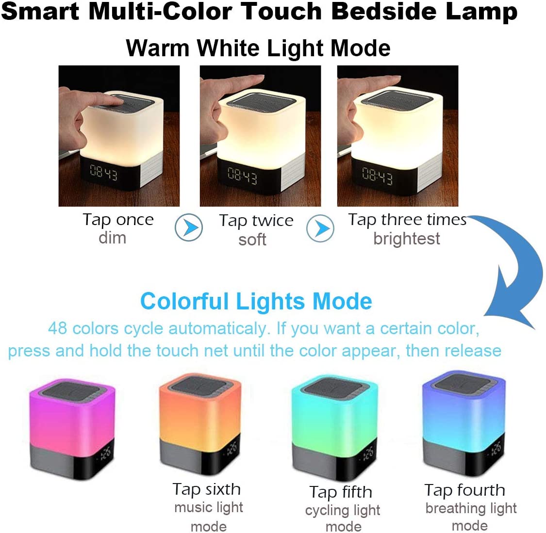 Bedside Lamp with Alarm Clock Bluetooth Speaker, Night Light Bedroom Decor RGB Color Changing LED Mood Light