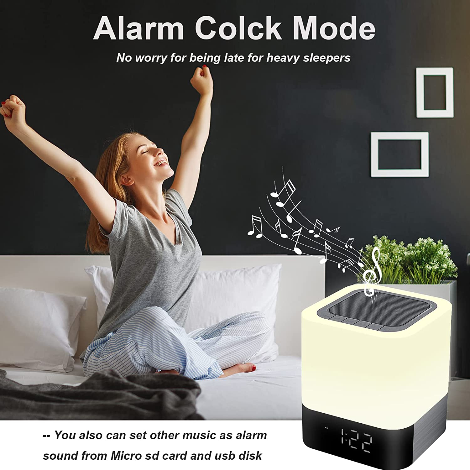 Bedside Lamp with Alarm Clock Bluetooth Speaker, Night Light Bedroom Decor RGB Color Changing LED Mood Light