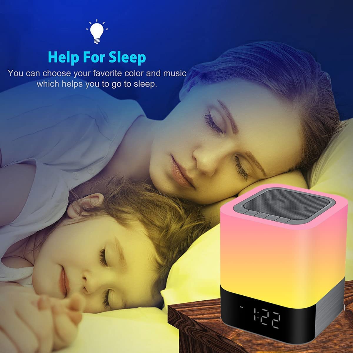 Bedside Lamp with Alarm Clock Bluetooth Speaker, Night Light Bedroom Decor RGB Color Changing LED Mood Light