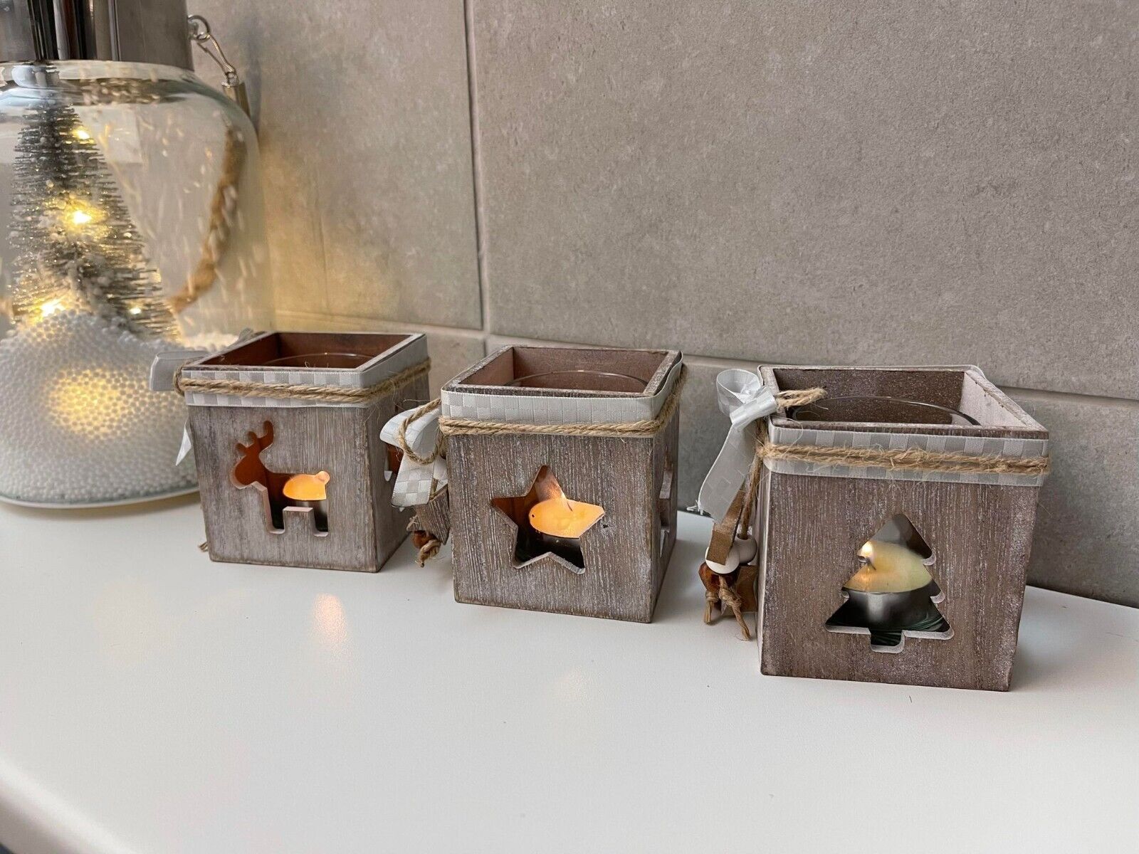 3 Set Tea Light Glass Wood Box Festive Decoration Candle Holder