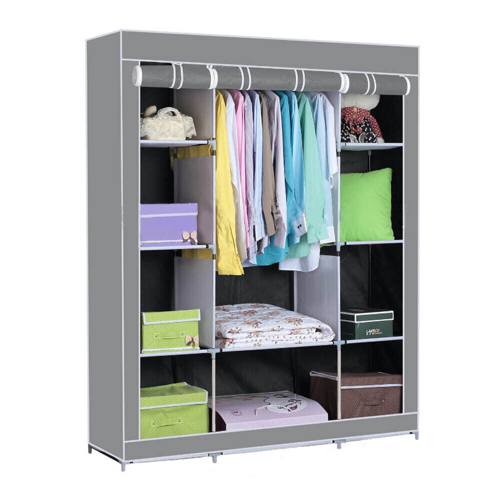 PRACTICAL FABRIC CANVAS WARDROBE HANGING RAIL SHELVING CLOTHES STORAGE CUPBOARD