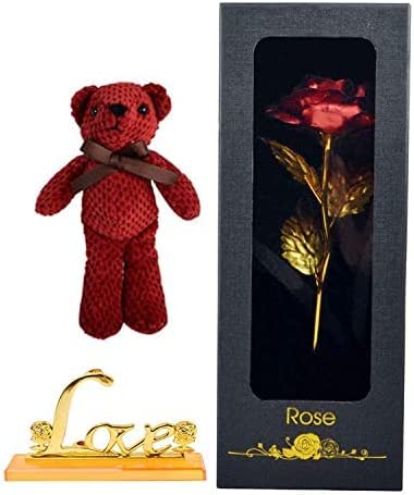 24K Gold Artificial Rose Flower with Cute Teddy