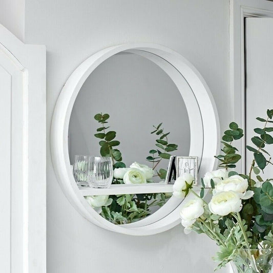 White Round Mirror with Shelf Wall Mounted Porthole Bathroom Bedroom Home Decor