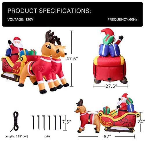 7.2ft Long Christmas Inflatable Santa on Red Sleigh LED Lighted Blow-up Yard Dec