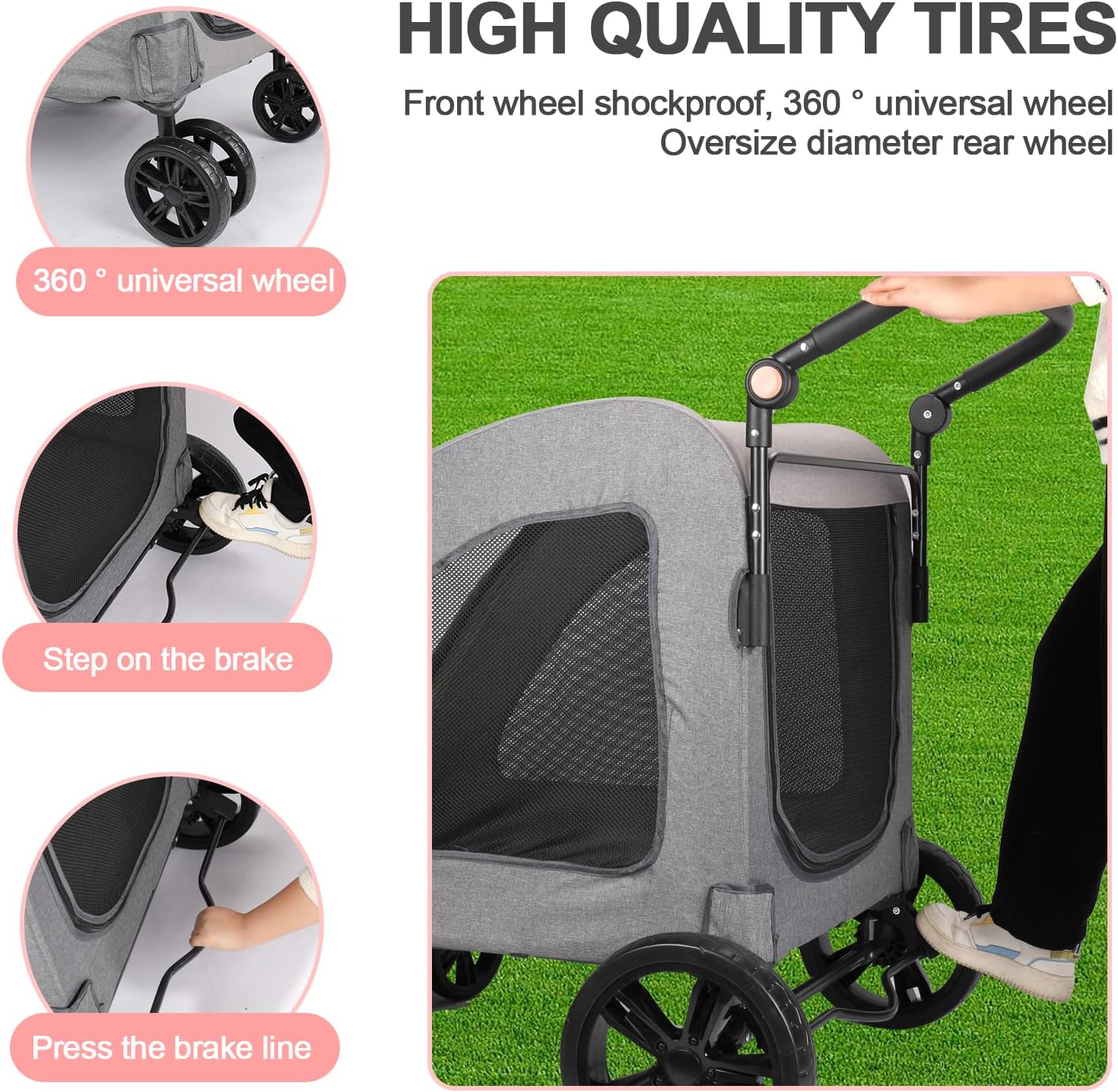 Dog Stroller Foldable Pet Jogger Stroller for Single or Multiple Medium and Large Dogs Travel Carrier Breathable Animal Stroller with 4 Wheels, Adjustable Handle, Zipper EntryUp to 160 lbs (Gray)