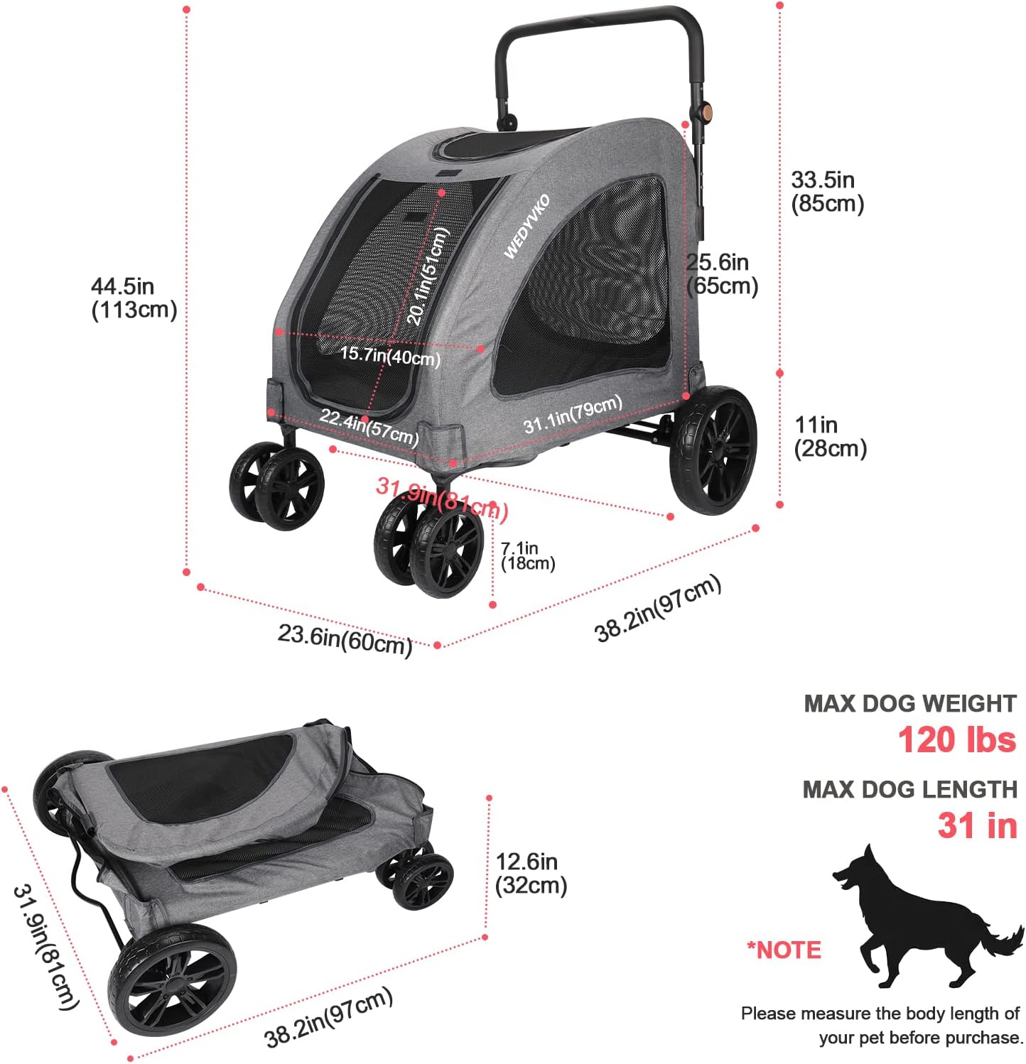 Dog Stroller Foldable Pet Jogger Stroller for Single or Multiple Medium and Large Dogs Travel Carrier Breathable Animal Stroller with 4 Wheels, Adjustable Handle, Zipper EntryUp to 160 lbs (Gray)