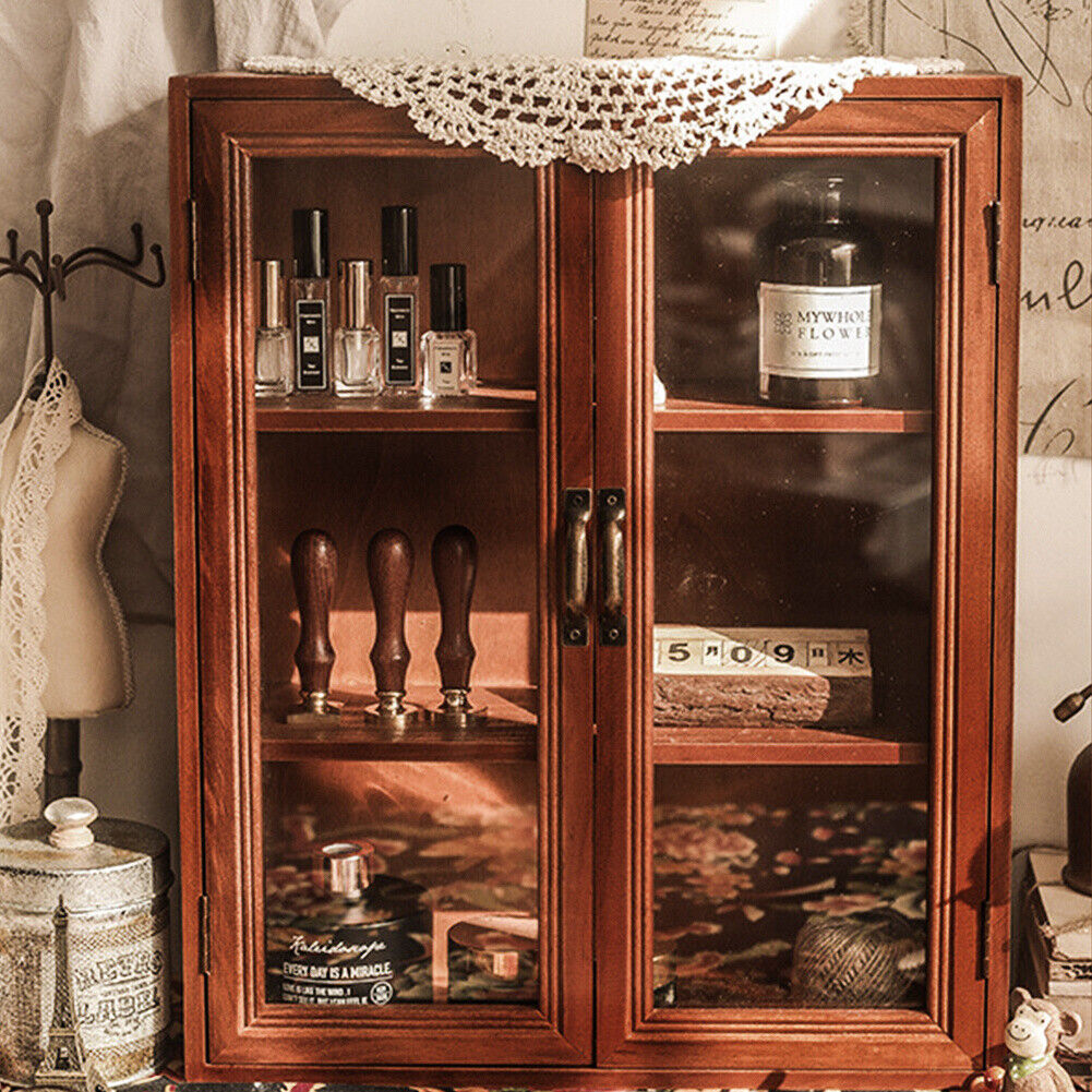 Vintage Storage Cabinet 3Tier Shelves Display Cupboard Rustic Wood Shelving Unit