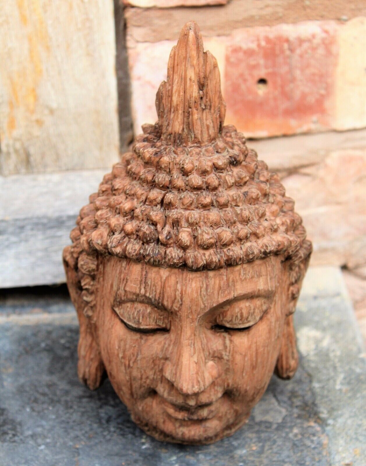 Buddha Head Sculpture Garden Ornament indoor outdoor garden Home Dec Wood Effect