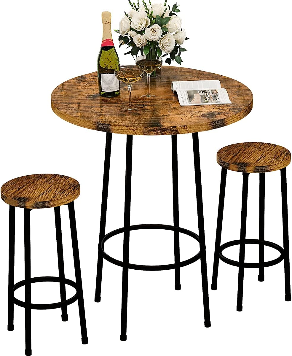 3 Piece Pub Dining Set, Industrial Counter Height Dining Sets with 2 Stools, Round Bar Table and Chairs Set